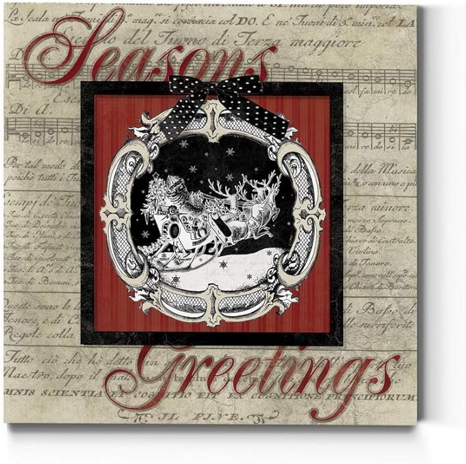 Renditions Gallery Season's Greetings Wall Art, Cute Winter Decor, Santa & his Reindeer, Antique Sheet Music Paper, Premium Gallery Wrapped Canvas, Ready to Hang, 40 in H x 40 in W, Made in America