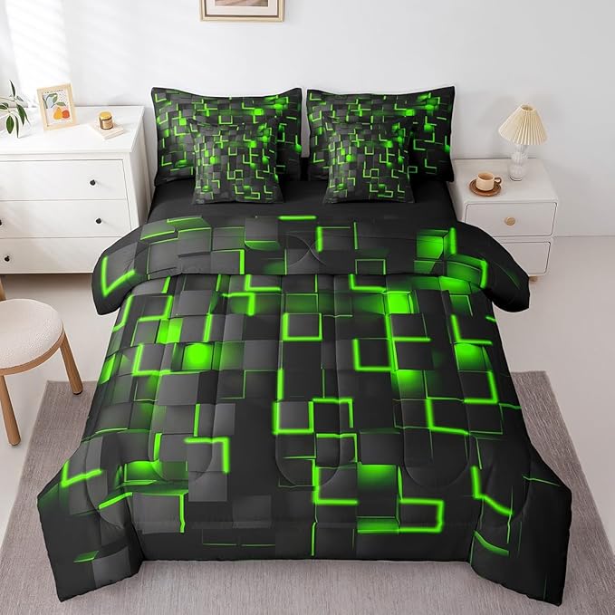 Feelyou Green and Black Bedding Set King Size Light Geometric Comforter Set with Sheets 7 Piece for Kids Boys Decor Bed in a Bag Modern Style Bed Set