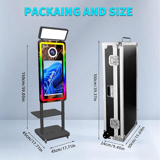 Magic Mirror Photo Booth with Printer, 40in Selfie Mirror Photo Booth with 21.5in Touch Screen with Color Lights, Built-in Mini PC, for Weddings, Parties (Black, with Printer no Camera)