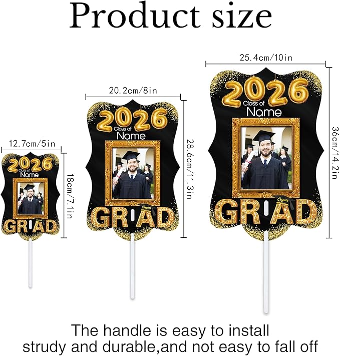 Personalized Graduation Double Sided Face Fan Class of 2026 Customized Graduation Head Face Cutout with Handle Fun Photo Prop Supplies(A-Black and Gold,24pcs)