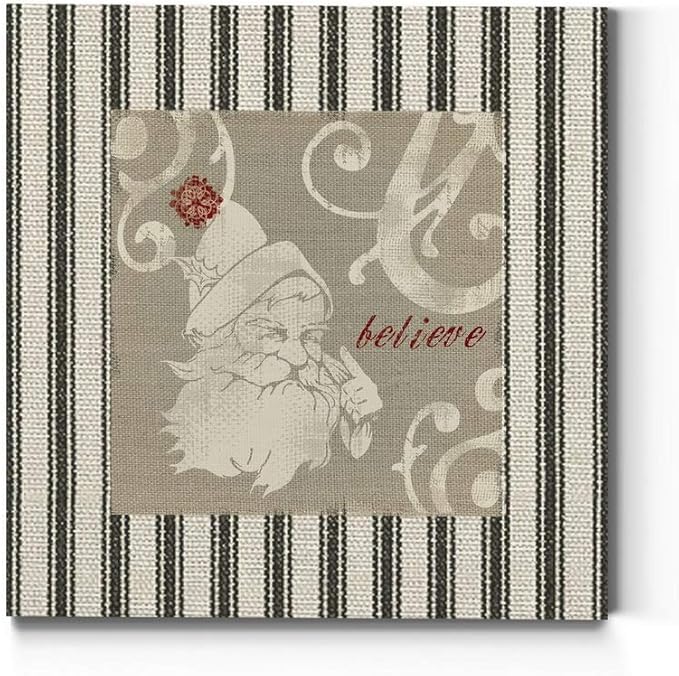 Renditions Gallery Believe Santa Claus Wall Art, Christmas & Winter Decor, Cream & Red, Striped Fabric Look, Premium Gallery Wrapped Canvas, Ready to Hang, 40 in H x 40 in W, Made in America