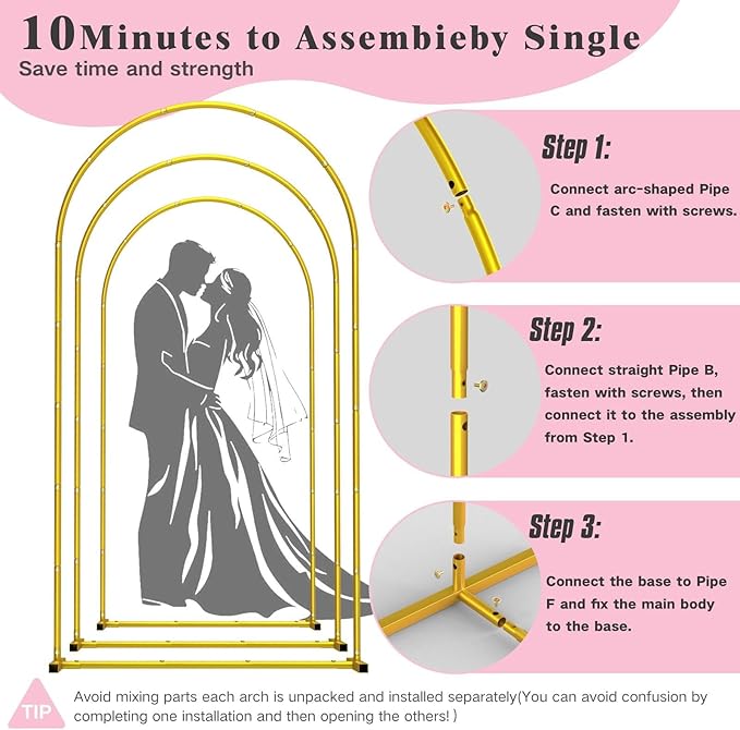 Metal Arch Backdrop Stand ,Set of 3 (7.2 ft/6.6 ft/6 ft) Square Wedding Arch Frame ，Gold Balloon Arch Stand for Wedding/ Birthday Party/ Baby Shower/ Graduation Ceremony Banquet Decoration