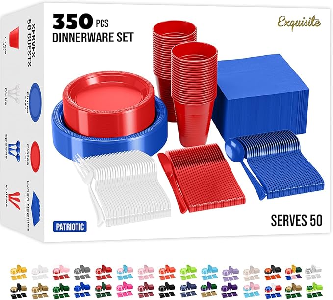 350 Pcs Patriotic Plastic Plates For Party, Patriotic Disposable Plates Set, 50 Of Each 9" Dinner Plate Set, 7" Dessert Plate, Cups, Napkins & Cutlery Plastic Dinnerware Exquisite