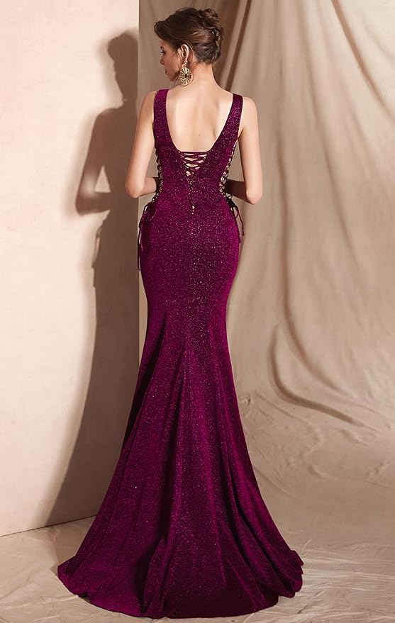 Women's Double V-Neck Sequins Lace-up Mermaid Evening Dress