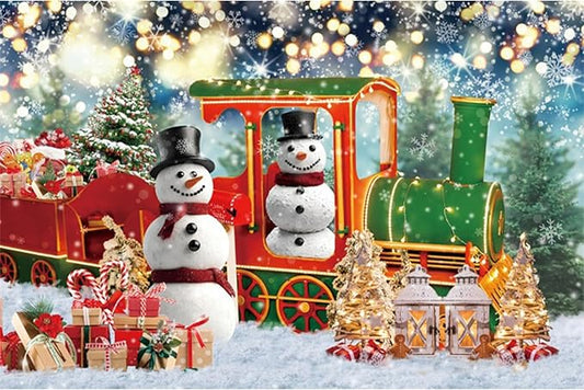 YongFoto Merry Christmas Backdrop 12x10ft Snow Scene Train Snowman Christmas Tree Gift Photography Background Happy New Year Xmas Eve Family Party Banner Room Decor Photoshoot Wallpaper Photo Booth