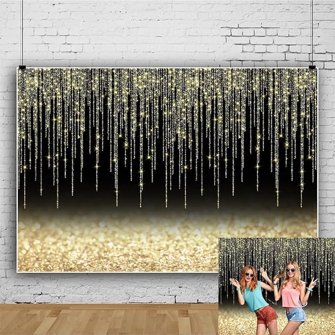 Black Gold Glitter Backdrop 12x8ft Christmas Birthday New Year Housewarming Retirement Party Graduation Background for Photography Theme Party Banner Studio Photo Booth Props
