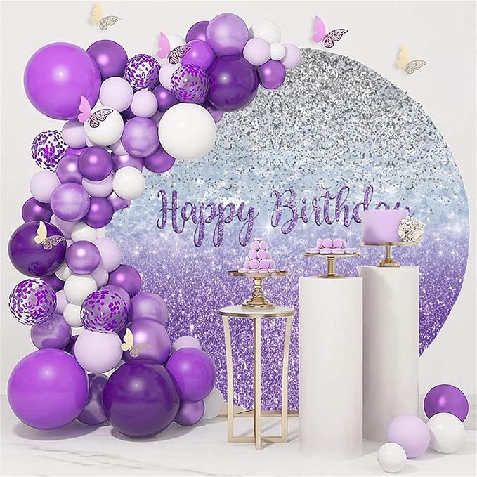 Renaiss Purples Happy Birthday Round Backdrop Cover 6.5ft Large Bday Banner Sign Poster Circle Backdrop Cover for Birhday Prom Party Decors Shiny Purples and Silver Sequins Background for Photography