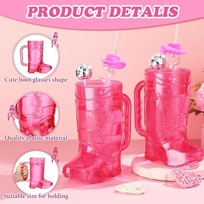 36 Pcs Cowboy Boot Glasses Bulk, 12 Cowboy Drink Mugs 12 Cowgirl Hat Straws 12 Mirror Disco Ball Stirrers for Western Theme Party Bachelorette Birthday Decorations(Rose Red)