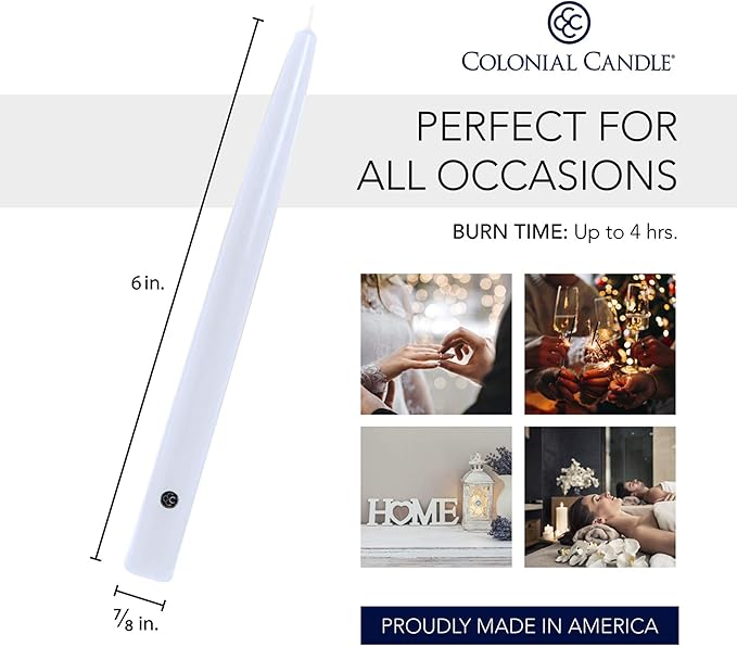 Colonial Candle Unscented Taper Candle, Handipt Collection, White, 6 in, Pack of 12 - Up to 4 Hours Burn