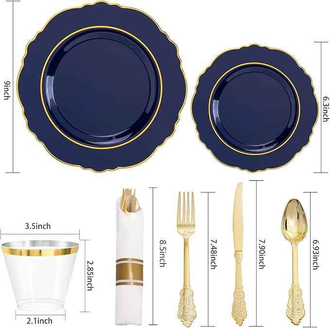 Liacere 175PCS Navy Blue Plastic Plates-Disposable Blue Gold - 25guest Baroque Plastic Dinnerware include 50Plates,25Pack Pre Rolled Napkins with Silverware 25Cups for Wedding &Father's Day&New Year
