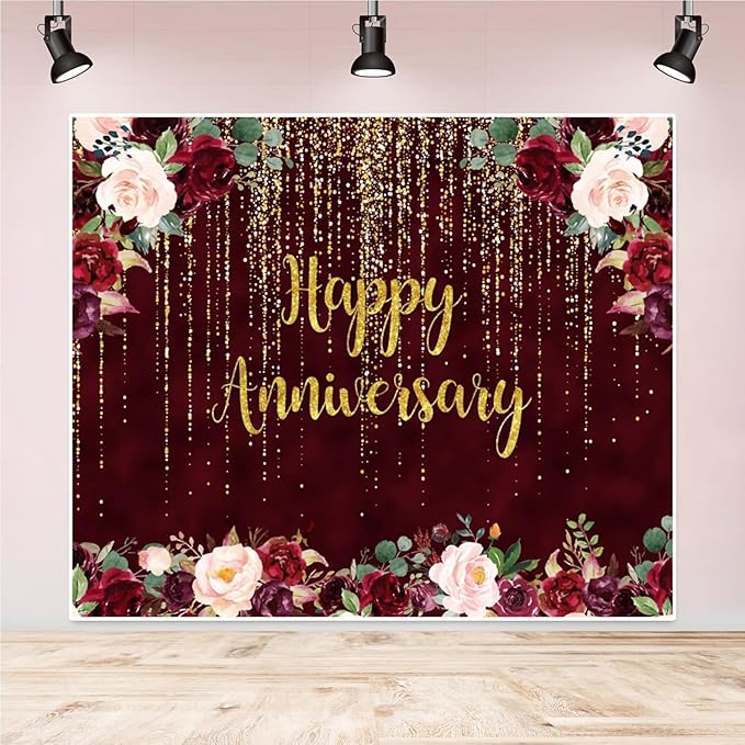 12x10ft Happy Anniversary Backdrop, Gold Glitter Burgundy Wedding Anniversary Background 1st 40th 50th 73th Couple Wedding Women Birthday Floral Party Decorations Cake Table Decor