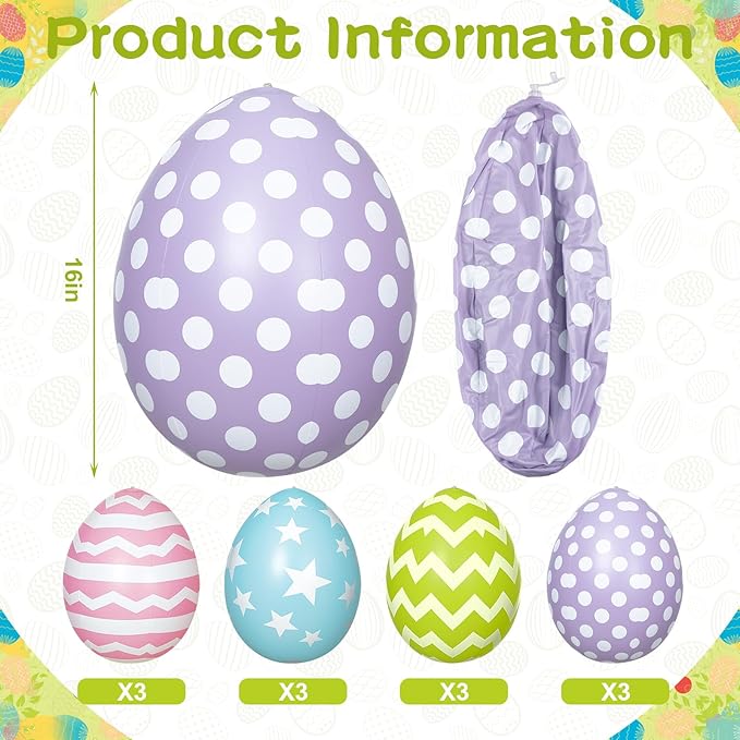 12 PCS Inflatable Easter Eggs Decorations - Large PVC Colorful Egg Easter Inflatable Outdoor Ornaments Decorations for Holiday Party, Yard, Home, Indoor & Outdoor (16 Inch)