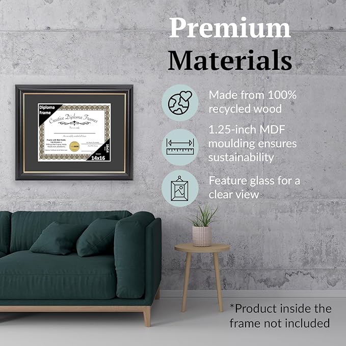 Creative Picture Frames 14" x 16" Rockefeller Black with Gold Rim Diploma Frame, Displays 14" x 16" Certificate or 16" x 20" Document without Mat, College Degree Frame, Full-Strength Glass, Black Mat