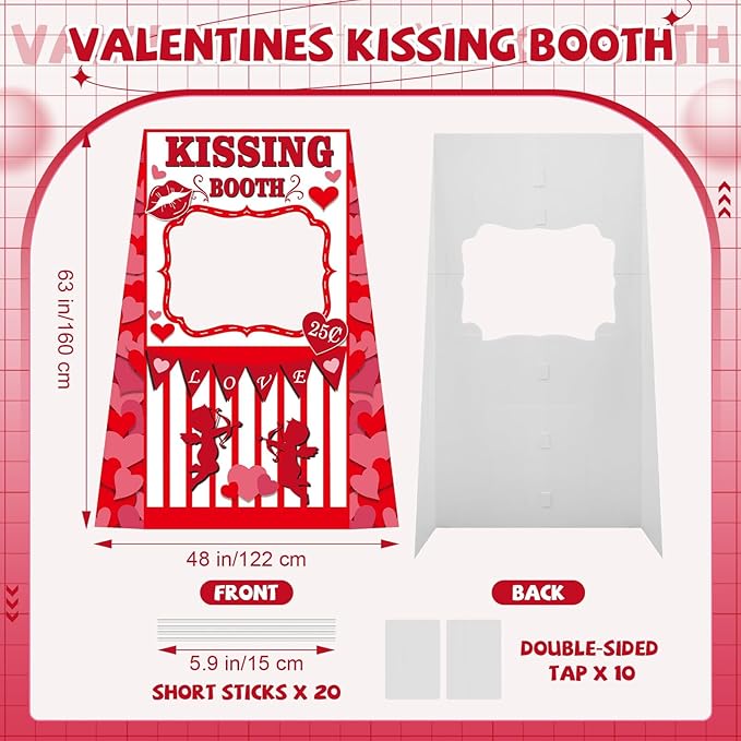 Valentine’s Day Photo Booth Prop, 48 x 63 inch Valentines Kissing Booth Cardboard Cutout Life-Size Standup, Love Photography Backdrop Decoration for Couple Anniversary Wedding Party Favor