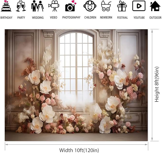 European Style Interior Room Backdrop 10x8ft Art Oil Painting Flowers French Window Photography Background Birthday Bridal Shower Women Girl Home Room Office Decor Banner Photo Studio Props