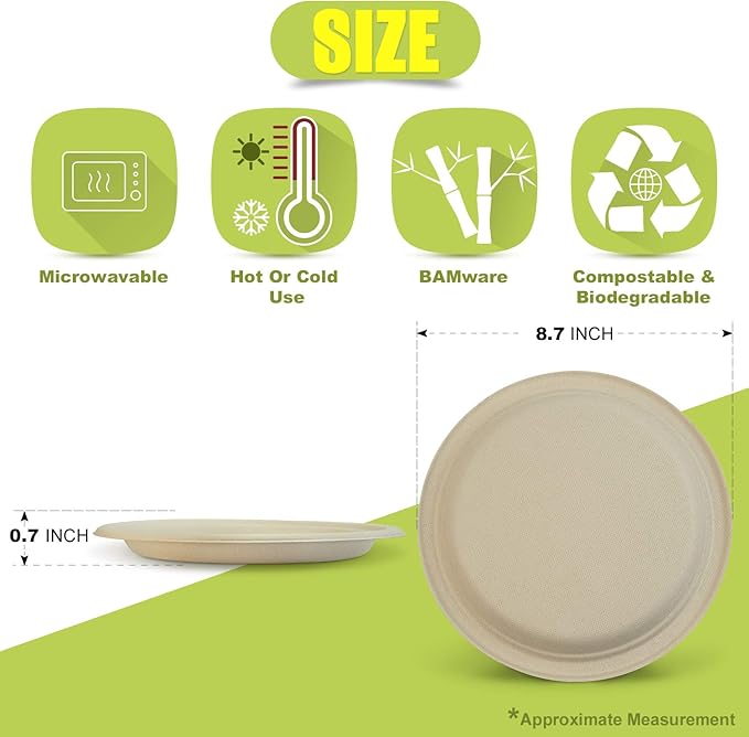 Green Earth, 9-Inch, 500-Count, Compostable Plates, Natural Bamboo Fibers, Everyday Tableware - Biodegradable Disposable Round Shape Microwave-Safe Gluten-Free Eco-Friendly
