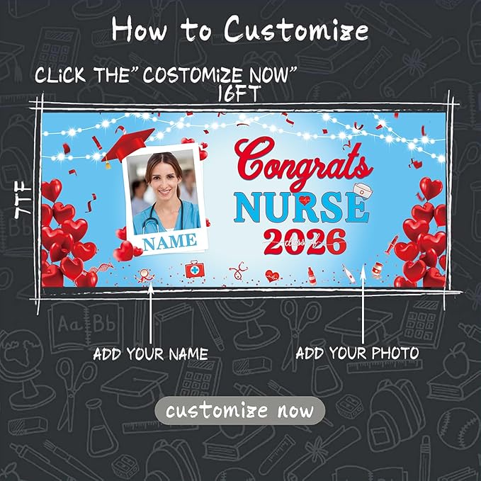 Custom Garaduation Garage Nurse Theme Door Banner Cover 16 x 7 ft Class of 2026 Congrats Grad Party Backdrop Personalized Graduation Decoration(Red and Blue)