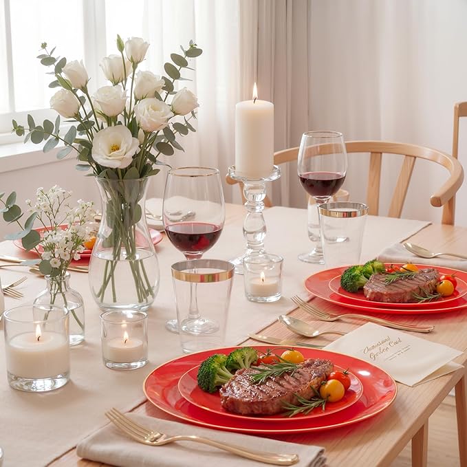 KIRE 350PCS Red Plastic Plates - Heavy Duty Red Plates Disposable - 50Guest Plastic Dinnerware Include 50Dinner Plate,50Dessert Plate,50Pre Rolled Napkins with Silverware for Valentine's Day&Wedding