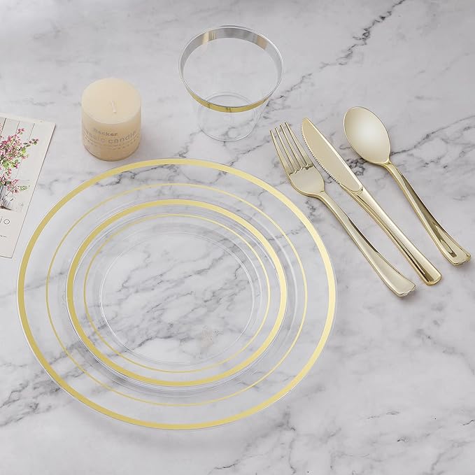 BESTVIP 200PCS Clear Gold Plastic Plate, Disposable Party Plates with 100 Dinner and 100 Dessert Plates, Plastic Plate for Party, Wedding and Birthday
