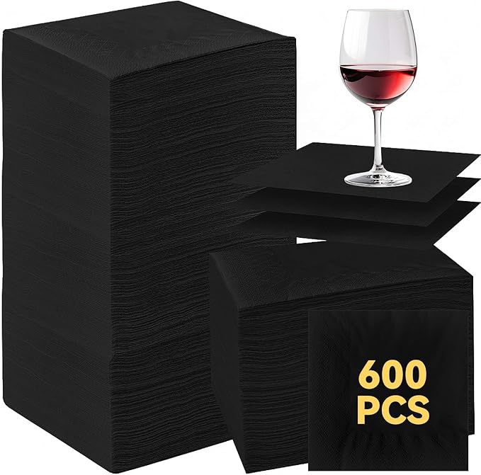 Henoyso 600 Pack 3 Ply Black Cocktail Napkins Bulk 9.8'' x 9.8'' Disposable Dinner Beverage Paper Napkins for Wedding Bar Party Birthday Cocktail Holiday Elegant Restaurant Event