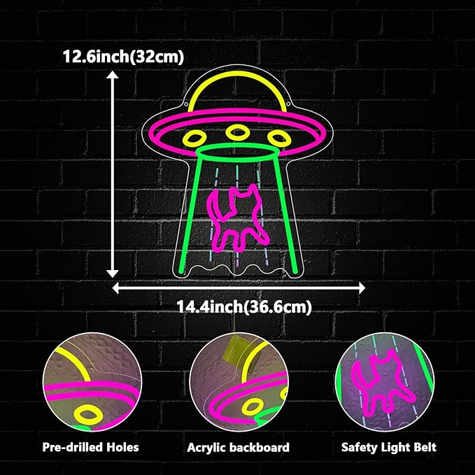 Cat Neon Sign, UFO Cat Spaceship Space Travel Led Neon Light Signs Cat Night Lamp for Astronomy Game Room Man Cave Party Decorations Bedroom Birthday Gift USB Powered(14.4” x 12.6")