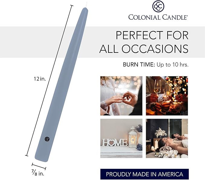 Colonial Candle Unscented Taper Candle, Handipt Collection, Wedgewood, 12 in, Pack of 12 - Up to 10 Hours Burn
