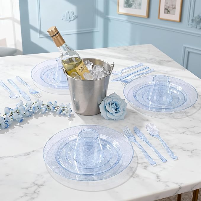 DaYammi 350 Pieces Blue Glitter Dinnerware Set 50 Guest for Party- 50 Dinner Plates, 50 Dessert Plates -50 Per Rolled Napkins with Blue Cutlery - 50 Disposable Cups 9 OZ