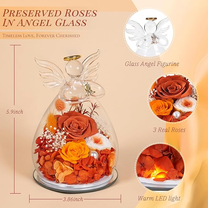 Birthday Gifts for Women Mom Preserved Roses in Glass Angel Figurines Fresh Flowers for Delivery Forever Flowers Eternal Rose Valentines Day for Grandma Sister Wife from Daughter