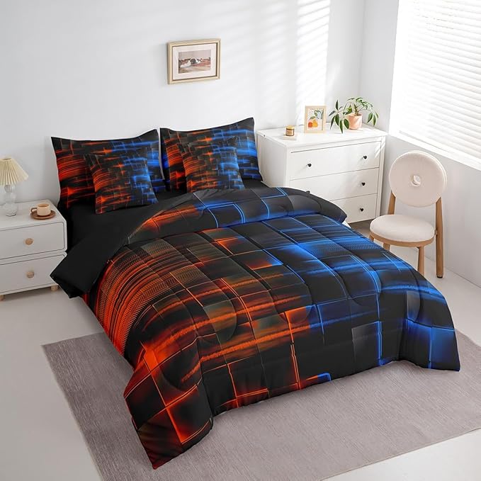 Feelyou Blue and Orange Comforter Set with Sheets 7 Piece Full Size Kids Geometric Bed in a Bag Strip Lines Bedding Set Abstract Art Bed Set with Comforter, Sheets,Pillowcases,Cushion Covers