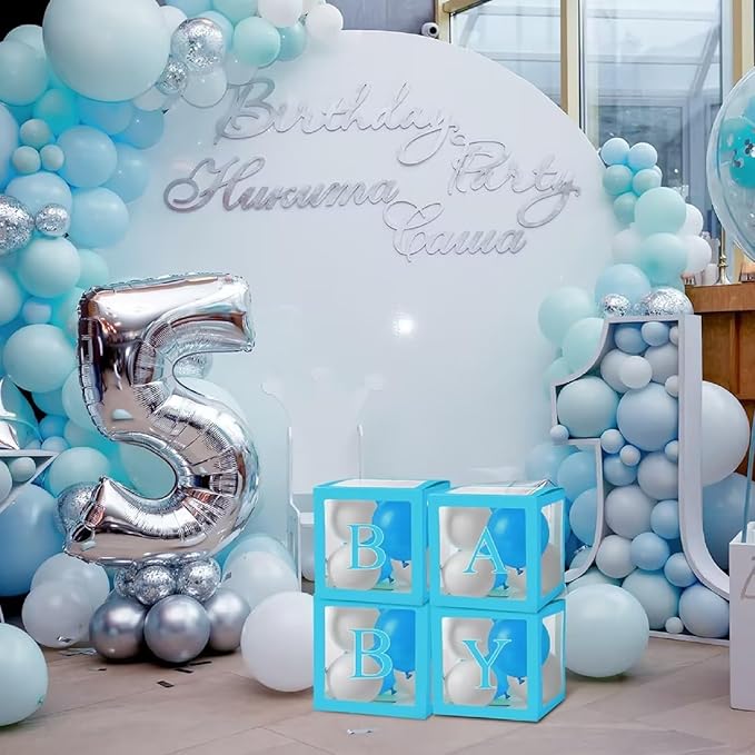 Thyle 12 Pcs Transparent Balloon Boxes Clear Balloon Boxes with 99 Letters for Baby Shower Gender Reveal Grad Birthday Party Bridal Wedding Anniversary Backdrop Decoration (Blue)