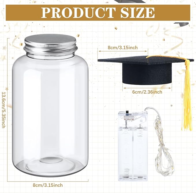Boao 16 Sets Graduation Table Decoration Set with LED Light up Graduation Decorations for Class of 2026, Grad Jar, Felt Grad Hat and Stickers for High School College(Black)