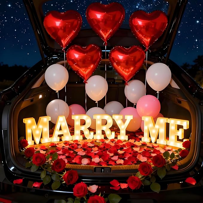Marry Me Light Up Letters, with 30 Tea Lights Candles, Rose Petals, Aluminum Balloons, Balloons, Red Carpet, Rose Ring Box, Double Sided Tape, Valentine's Day Proposal Engagement Wedding Decorations