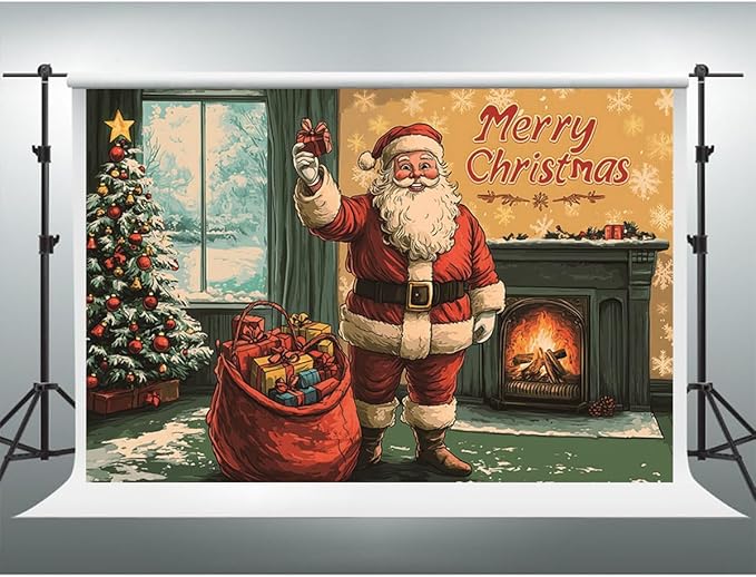 YongFoto Retro Merry Christmas Backdrop 8x6.5ft Santa's Home Christmas Tree Fireplace Photography Background Happy New Year Xmas Eve Family Party Banner Room Decor Photoshoot Wallpaper Photo Booth