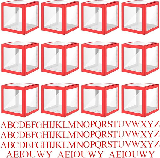 Thyle 12 Pcs Transparent Balloon Boxes Clear Balloon Boxes with 99 Letters for Baby Shower Gender Reveal Grad Birthday Party Bridal Wedding Anniversary Backdrop Decoration (Red)