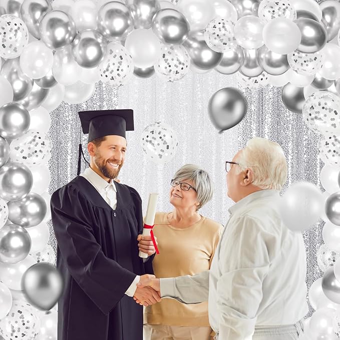 137 Pcs White Silver Party Backdrop Kits - 4 Sequin Backdrop Curtain 133 Balloon Garland Kit Photo Prop Background for Wedding Anniversary Winter Wonderland Birthday Baby Shower