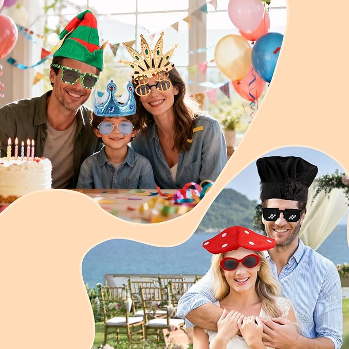 18 PCS Novelty Party Hats and Funny Glasses Pack for Photo Booth Props, 9 Assorted Funny Hats, 9 Fun Sunglasses Props, Crazy Party Hat, Fun Costume Hat Glasses Accessories for Adults