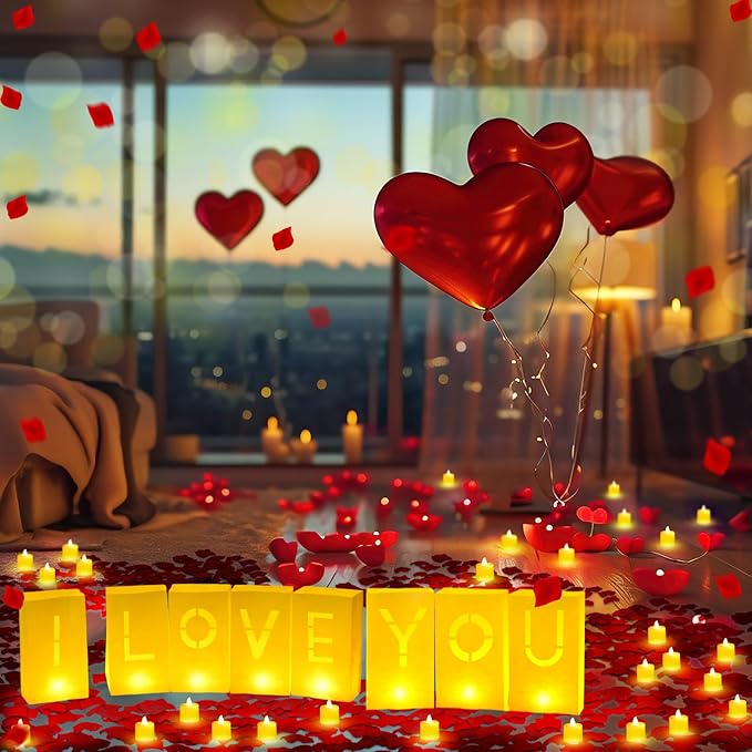 6080 Pcs I Love You Light up Letters with LED Flameless Tealight Candle Red Rose Petal Letter Luminary Paper Bag for Valentine's Day Decorations Anniversary Proposal Romantic Special Night Decor
