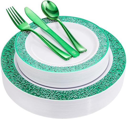 U-QE 150PCS Green St Patricks Day Plates with Plastic Silverware, Green Disposable Plates for 30 Guests Include 30 Dinner Plates, 30 Salad Plates,30 Guests Silverware Perfect for Party
