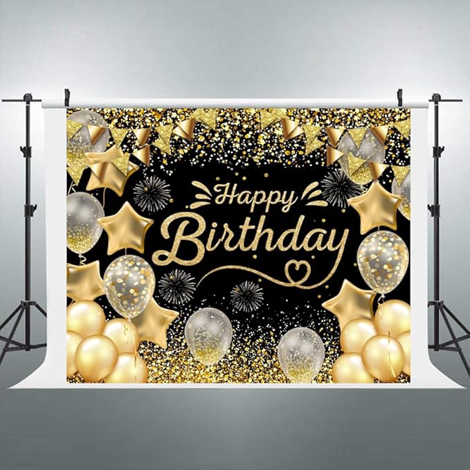 Black Gold Happy Birthday Backdrop 10x8ft for Men Women Boys Girls Birthday Party Banner Decorations with Glitter Star Photo Background Large Wall Decor Props