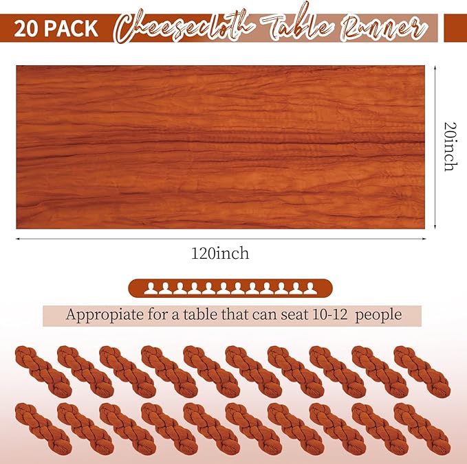 20 Pack Terracotta Table Runner 10Ft Cheesecloth Table Runner Boho Gauze Table Runners Romantic Long Sheer Fabric Cheese Cloth Table Runners for Wedding Party Bridal Shower(Terracotta)