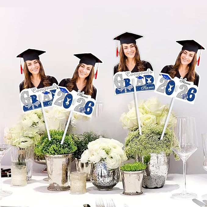 Personalized Graduation Face Fan 2026 Grade Custom Double Sided Face Cutout Fan with Handle Photo Booth Prop Party Supplies(B-Blue and Silver,24pcs)