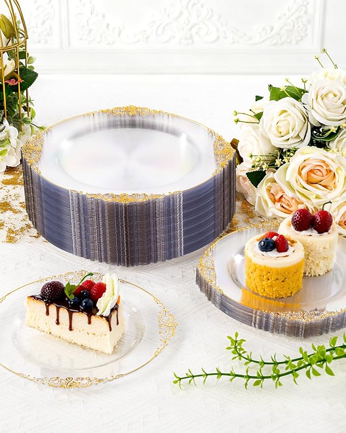 YOUBET 700PCS Clear Gold Plastic Plates - Elegant Gold Plastic Dinnerware Set Include 200 Disposable Plates, 300 Heavy Duty Silverware, 100 Cups, 100 Napkins for Wedding Party