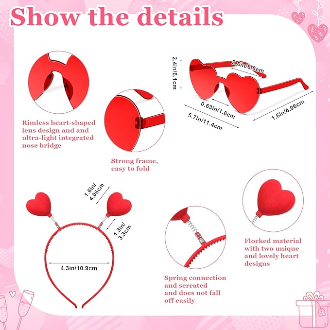 Yunsailing 48 Pcs Valentines Day Heart Headband Boppers and Heart Shape Sunglasses Valentines Accessories Costume Photo Prop(Red)