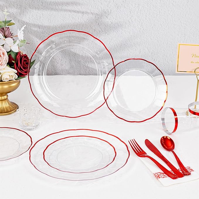 LIYH 700 Pcs Red Plastic Dinnerware Set for 100 Guests, Disposable Plastic Wavy Red Plates Include Dinner & Dessert Plates,Napkins,Cups,Cutlery for Party Valentine's Day and Mother's Day 100 Guests