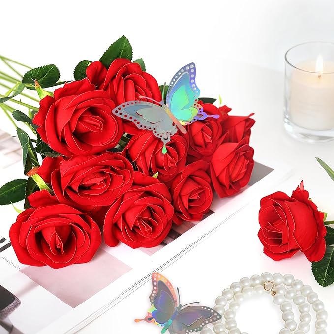 50 Pcs Fake Red Roses Artificial Flowers Bulk, Faux Velvet Silk Rose Bouquet with Long Stems Real Look for Wedding Party Centerpieces Vases Decor