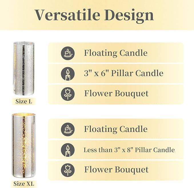 Glass Cylinder Vases Set of 24, Hewory Glittery Silver Vase for Centerpieces, Glass Hurricane Candle Holders for Pillar Floating Candle, Tall Round Vase for Wedding Anniversary Events Home Table Decor