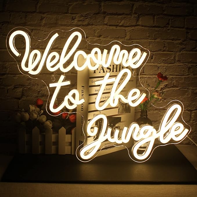 Welcome to the Jungle Neon Sign Warm White Led Word Neon Light Signs for Wall Decor Usb Letter Light Up Sign for Bedroom Nursery Kids Room Garden Home Entryway Front Porch Wedding Birthday