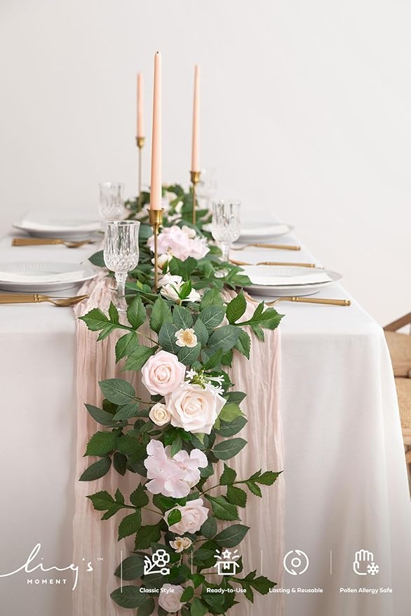 Ling's Moment 5FT Cream Artificial Flower Garland Fake Rose Eucalyptus Garland Arch Flowers Vine for Wedding Party Backdrop Home Table Centerpieces Decorations
