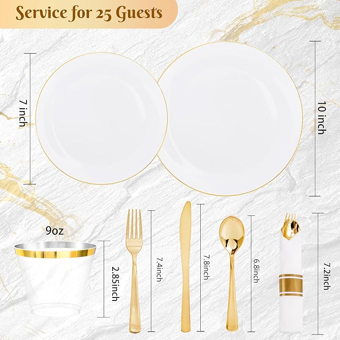 KIRE 175PCS Gold Plates Disposable - Heavy Duty White and Gold Plastic Plates Dinnerware Sets - 25 for Dinner 25 for Dessert 25 Pre Rolled Napkins and 25 Cups for Birthday/Valentine's Day/Wedding