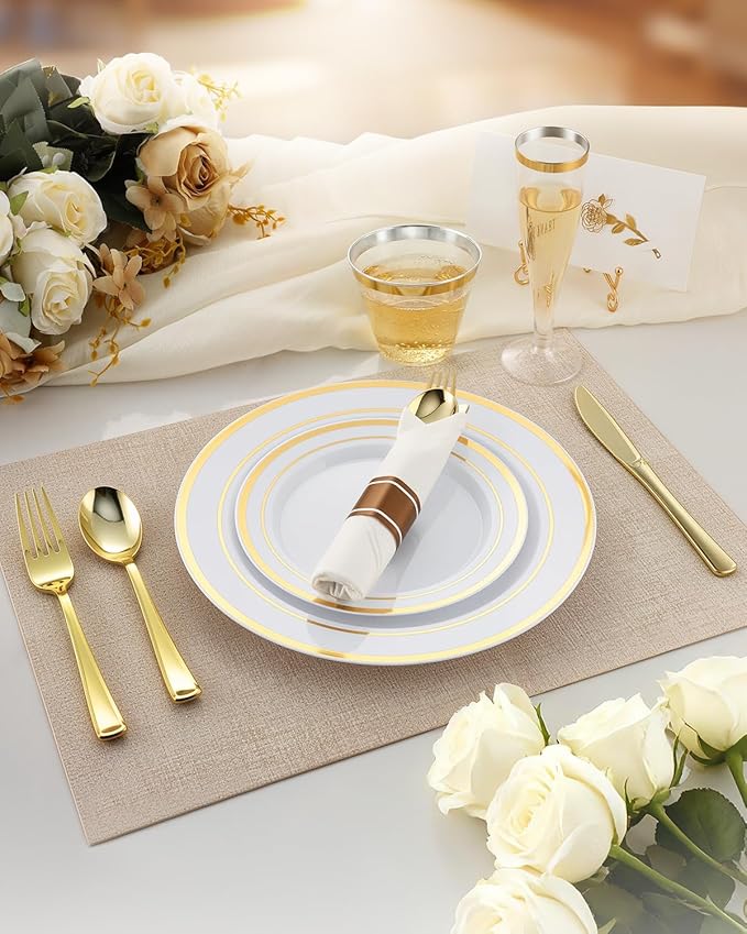 Goodluck 200PCS Gold Disposable Plastic Dinnerware Set for 25 Guests, Include 25 Dinner Plates, 25 Dessert Plates, 25 Napkins with Silverware, 25 Cups, 25 Champagne Glasses, for Christmas, Wedding